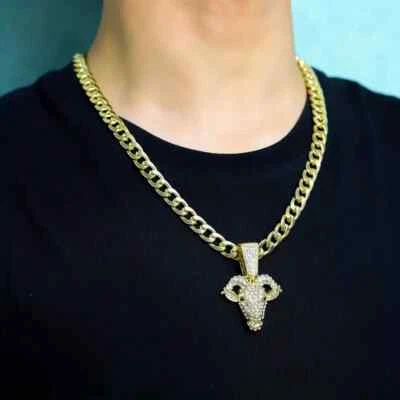 Collar de cadena cubana con cabeza de cabra helada Bling colgante de circonita cúbica de 10 mm 18" ~ 30" Foto 1 de 4