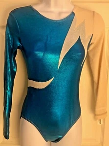GK ADULT SMALL LgSLV ELECTRIC BLUE FOIL NUDE MESH SILVER GYMNASTIC LEOTARD Sz AS - Picture 1 of 6