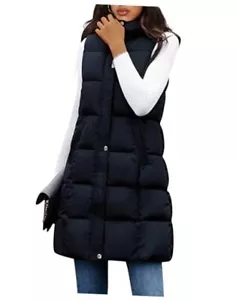 Women's Long Puffer Vest Cotton Sleeveless Puffy Jacket with Medium Black - Picture 1 of 6