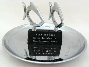 Mid Century Hamilton Chrome Advertising Ashtray With Fish New Germany Minnesota - Picture 1 of 14