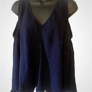 Indigo Rein Navy Linen Tank Tank Top split back fringe trim top NWOT size L - Picture 1 of 7