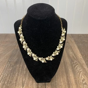 Vintage Sarah Coventry Gold Tone, Faux Pearl & Rhinestone Necklace / Choker 18" - Picture 1 of 9