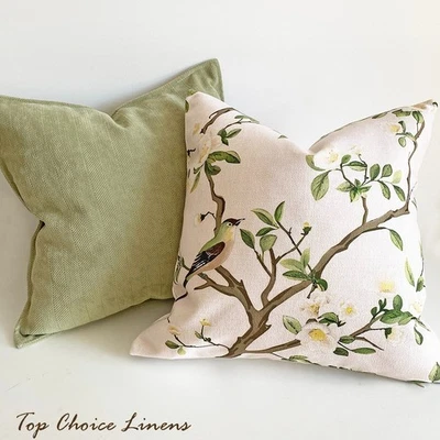 45*45cm Sage Green & Cream Bird on a Branch Chenille Linen Blend Cushion Cover - image 1 of 4