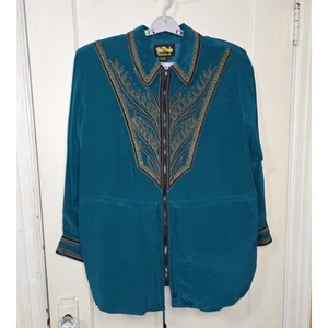 Giacca donna Bob Mackie indossabile arte 100% seta ricamata color verde acqua 1X - Foto 1 di 10