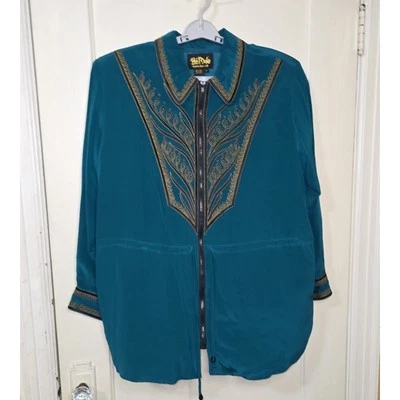 Chaqueta para mujer Bob Mackie Wearable Art 100 % seda verde azulado bordada 1X Foto 1 de 4