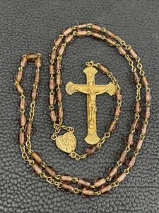 Antique Light Purple Violet Pink Glass Beads Gold Toned Rosary JHS JESUS SAVIOR - Picture 1 of 24