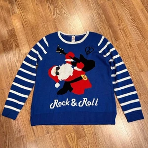 Womens Ugly Christmas Sweater Rock And Roll Santa Jingle Bells Blue Size XL - Picture 1 of 6