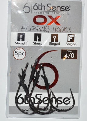 6th sense ox flippin hooks 4/0 bass flipping hook 5pc per pack hkox-40 - Image 1 of 2