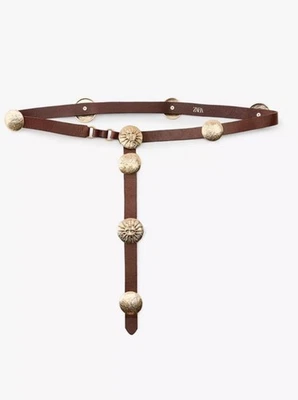 Zara Oro Sol Concho Cuero Marrón Oeste Suroeste Festival Bohemio Medallón Foto 1 de 4