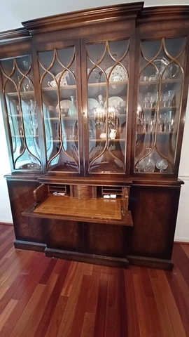 Vintage Georgian Style Mahogany Breakfront China Cabinet w/Hidden Secetary Cover
