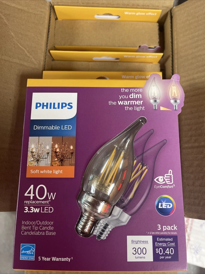 4 PACK (12 CT) Philips LED Bulb Soft White 40 Watt Replacement DIMMABLE Bent Tip - Image 1 of 1