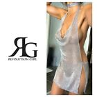 Sexy Silver Metallic Backless Chain Link Knit Mini Dress By Revolution Girl