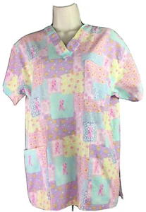 Peaches Uniforms Women’s Pink Colorful Breast Cancer Awareness Scrub Top Size S - Picture 1 of 7