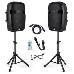 Portable Dual 15" 2-way 2000 W Powered Speakers w/ Stands & Controller - Picture 1 of 10