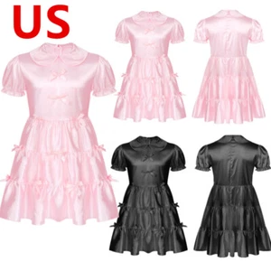 Men's Satin Maid Dress Crossdressing Lingerie Short Sleeve Sissy Sleepwear - Picture 1 of 25