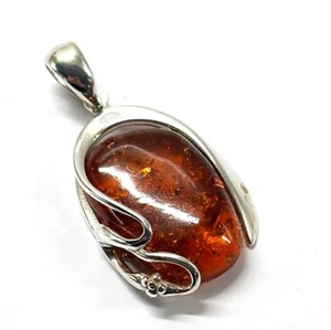 925 Solid Sterling Silver Real Cognac Baltic Amber Designer Pendant 2 in 11 g - Picture 1 of 3