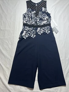 Adelyn Rae Navy Jumpsuit Lace Bodice Navy Black Mesh Lattice Sz M Pant Suit NWT - Picture 1 of 10