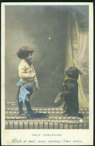 antique TINTED RPPC PHOTO adorable BOY CHILD TRAINING DOG TRICKS french postcard