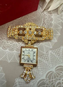 Vintage KJL Kenneth Jay Lane Goldtone Pin Brooch Watch Rhinestone Crystal AS IS - Picture 1 of 8