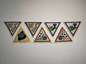 Girl Scouts retired, vintage, & strange Try-it Triangle 2" patch set of 7, New - Picture 1 of 6