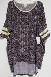 LULAROE LADIE'S IRMA TOP 2XL BLACK RED BEIGE GEOMETRIC PRINT STRIPES SLEEVE NEW - Picture 1 of 9