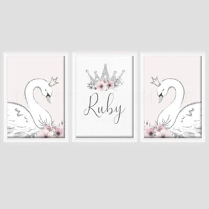 Girls Swan Personalised PRINTS ONLY A4 Nursery Room Pink Flowers Girly Crown - Picture 1 of 2