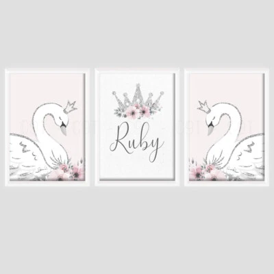 Girls Swan Personalised PRINTS ONLY A4 Nursery Room Pink Flowers Girly Crown