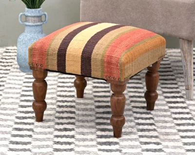 Handcrafted Acacia Wood Stool | Decorative Kilim Upholstered Pouf Footstool - Image 1 of 4