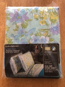 Vintage Sears Gallery Queen's Lace Blue Floral Full Size Fitted Sheet NOS New - Picture 1 of 6