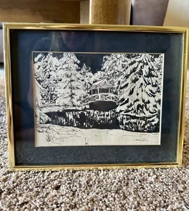 Vintage Original Art Pen Ink Drawing Black White Landscape Forest Bridge 10x8.5 - Picture 1 of 6
