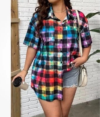 Blusa Colorida Cuadrada Sobre Camisa Botón Delantero Mujer Talla 4X Brillante Elegante Foto 1 de 4