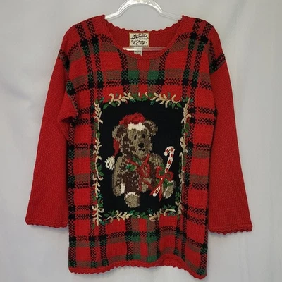 VTG 1997 Heirloom Collectibles Holiday Bear Chunky Red Knit Sweater Wmn's Small  - Image 1 of 4