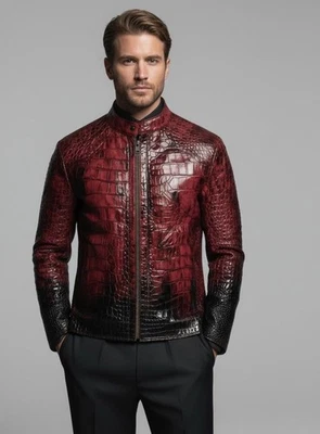 Men's Sheepskin Leather Crocodile Embossed Luxury Leather Jacket in red & black - Image 1 of 4