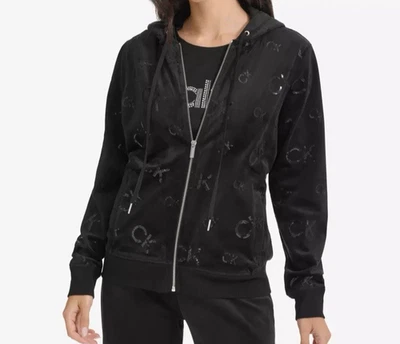 NWT Calvin Klein Sequin-Logo Velour Zip-Front Hoodie Black Women's Size XS - Image 1 of 4