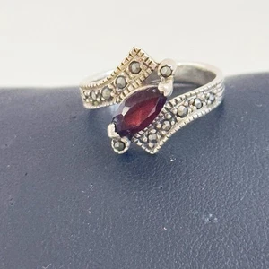 Vintage Sterling Silver 925 Marquis Cut Garnet Marcasite Ring Sz 7 - Picture 1 of 13