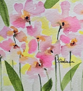 Original Signed Watercolor Painting. Floral. Abstract. Pink, Yellow. Wildflowers - Picture 1 of 2