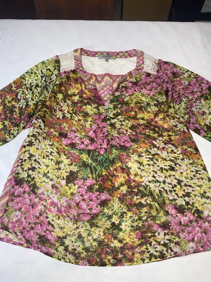 Blusa Figueroa y Flor Transparente 1X Rosas/Verdes/Amarillos Crochet Vibrante Feliz B44 Foto 1 de 4