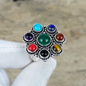 Raro Multi Preciosas Anillo 925 Plata de Ley Diseño Floral Para Amor Regalos - Imagen 1 de 4