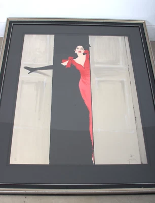 Litografia icônica estilo Art Deco enorme emoldurada por Rene Gruau "Senhora de Vermelho" - Imagem 1 de 4