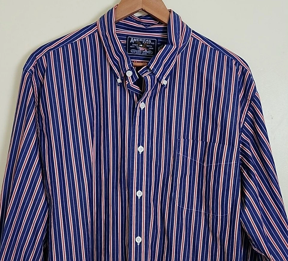 Camisa con botones de oficina a rayas azules, naranjas, blancas American Living para hombre, XXL Foto 1 de 4