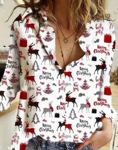 Plus Size 20 2X Christmas Festive Elk Tree Snowflake Silky Button Up Blouse Top - Picture 1 of 6