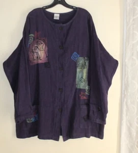 LUCY & IZZY HandPainted Linen Plum Purple Jacket Lagenlook Boho Artsy L XL 1X 2X - Picture 1 of 7