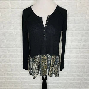 MYSTREE Henley Waffle Knit Peplum Top Black Size M - Picture 1 of 8
