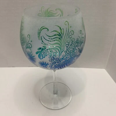 Etched Art Glass Blue & Green Coral 9” Wine Water Goblet - Image 1 of 4