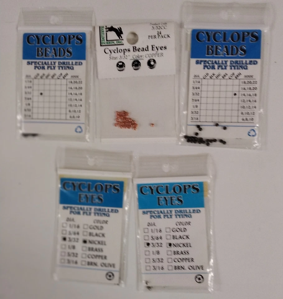 Hareline Cyclops Bead Eyes; sz 3/32; 5 packs; Black, Nickel, Copper, Brown - Image 1 of 1