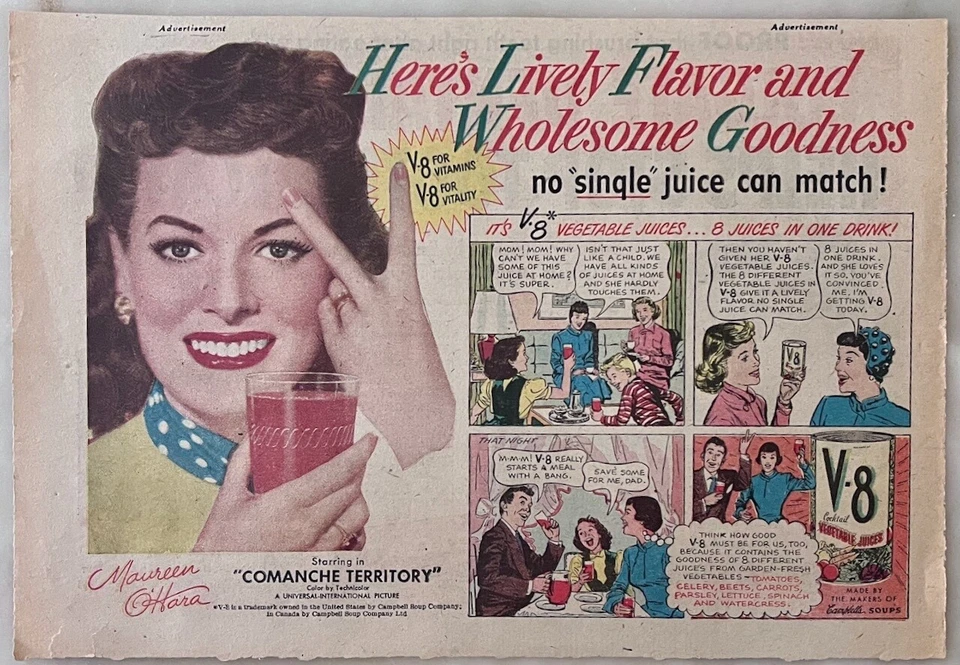 Anuncio de cómic de periódico 1950 para jugo V-8 - Maureen O'Hara en "Territorio Comanche" Foto 1 de 1