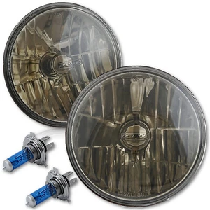 7" Crystal Smoked Glass Lens Headlight Halogen H4 12v 55/60w Light Bulbs Pair - Picture 1 of 12