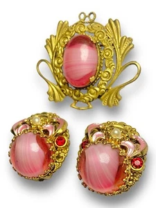 Set spille orecchini clip vetro arte porfido rosa Germania Ovest vintage firmati - Foto 1 di 7