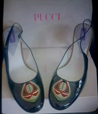 RARE PUCCI VTG PATENT LEATHER Black HEEL SHOES  STRAP WITH Metal Design 38.5  - Image 1 of 4