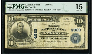 Atlanta, TX - $10 1902 Plain Back Fr. 630 The First National Bank # 4922 PMG 15 - Picture 1 of 2